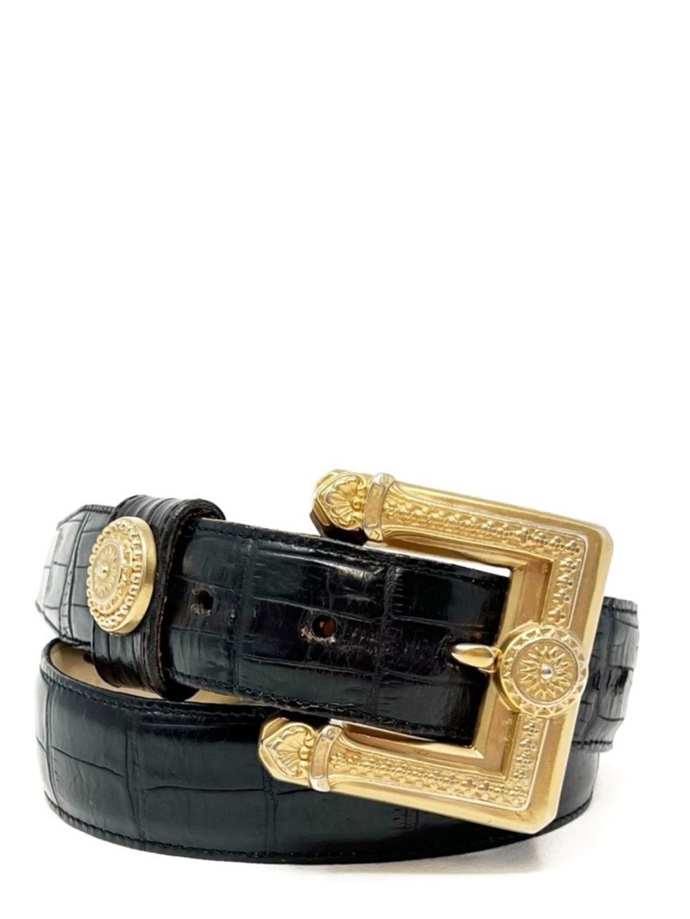 Vintage Brighton Belt Size XS/S Black Crock Embossed Leather Chunky Gold Buckle